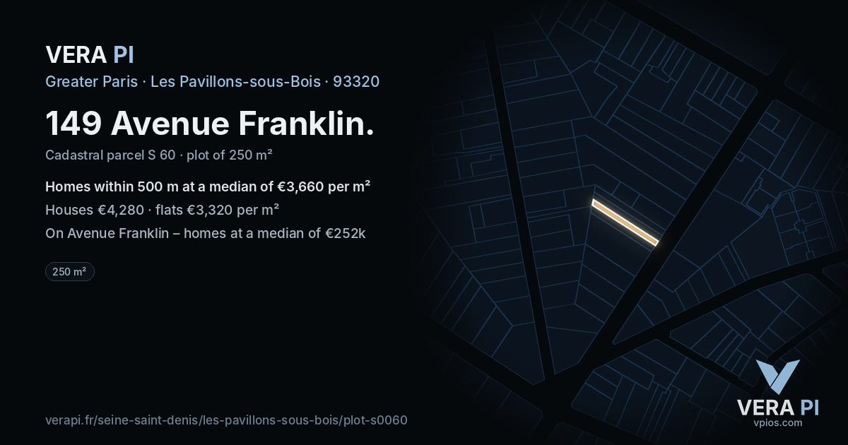 149 Avenue Franklin, Les Pavillons-sous-Bois at night – the plot lit, the parcels around coloured by the prices near them