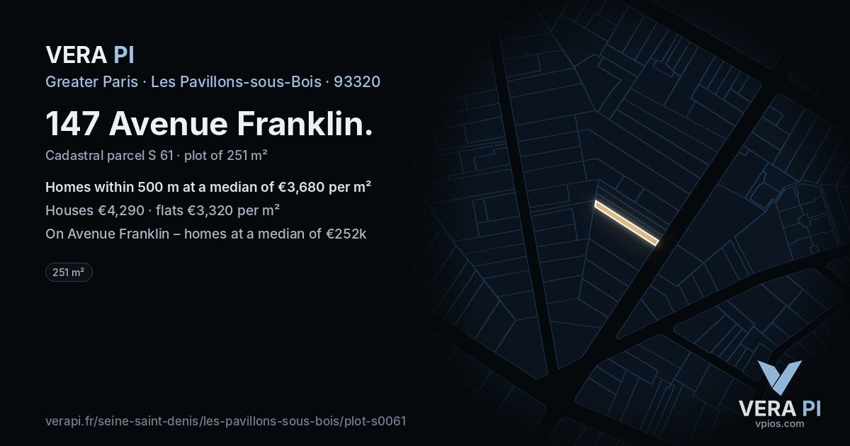 147 Avenue Franklin, Les Pavillons-sous-Bois at night – the plot lit, the parcels around coloured by the prices near them