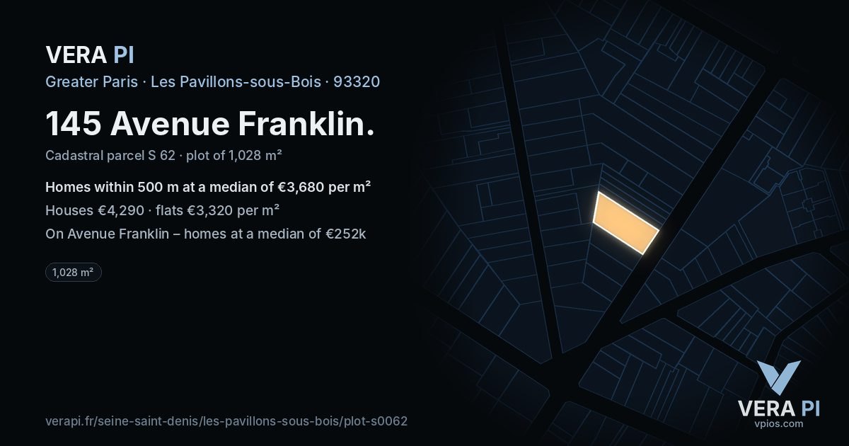 145 Avenue Franklin, Les Pavillons-sous-Bois at night – the plot lit, the parcels around coloured by the prices near them