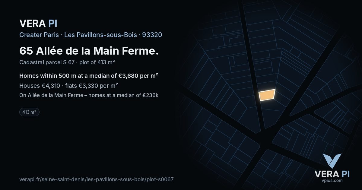 65 Allée de la Main Ferme, Les Pavillons-sous-Bois at night – the plot lit, the parcels around coloured by the prices near them