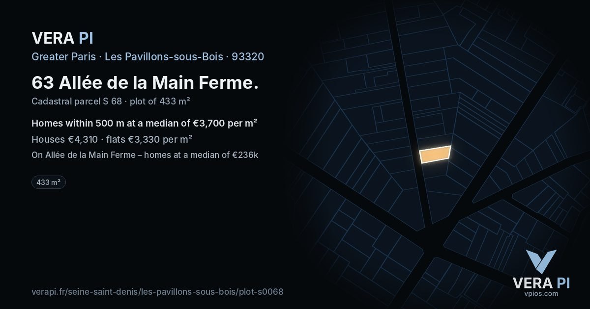 63 Allée de la Main Ferme, Les Pavillons-sous-Bois at night – the plot lit, the parcels around coloured by the prices near them