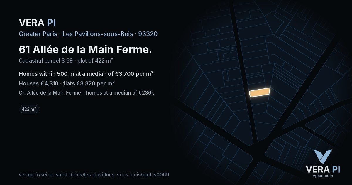 61 Allée de la Main Ferme, Les Pavillons-sous-Bois at night – the plot lit, the parcels around coloured by the prices near them