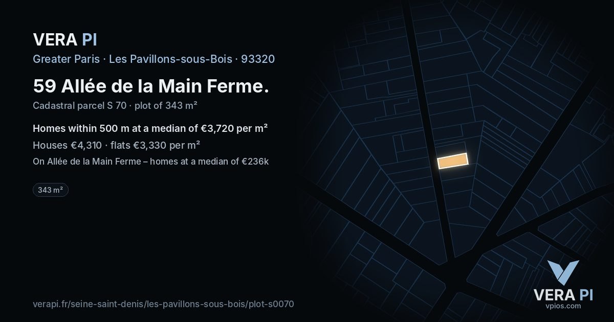 59 Allée de la Main Ferme, Les Pavillons-sous-Bois at night – the plot lit, the parcels around coloured by the prices near them