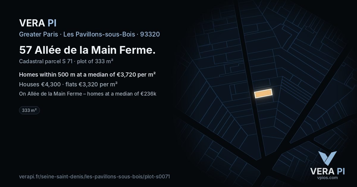 57 Allée de la Main Ferme, Les Pavillons-sous-Bois at night – the plot lit, the parcels around coloured by the prices near them