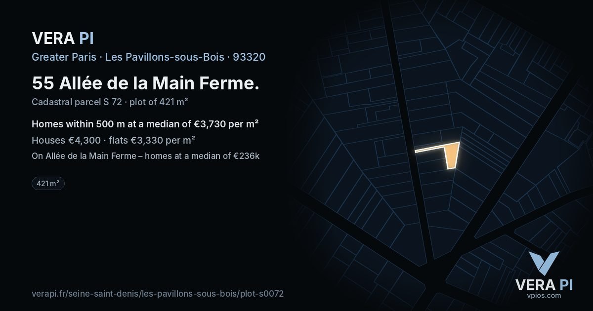 55 Allée de la Main Ferme, Les Pavillons-sous-Bois at night – the plot lit, the parcels around coloured by the prices near them