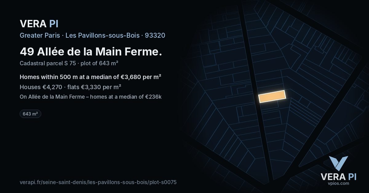 49 Allée de la Main Ferme, Les Pavillons-sous-Bois at night – the plot lit, the parcels around coloured by the prices near them