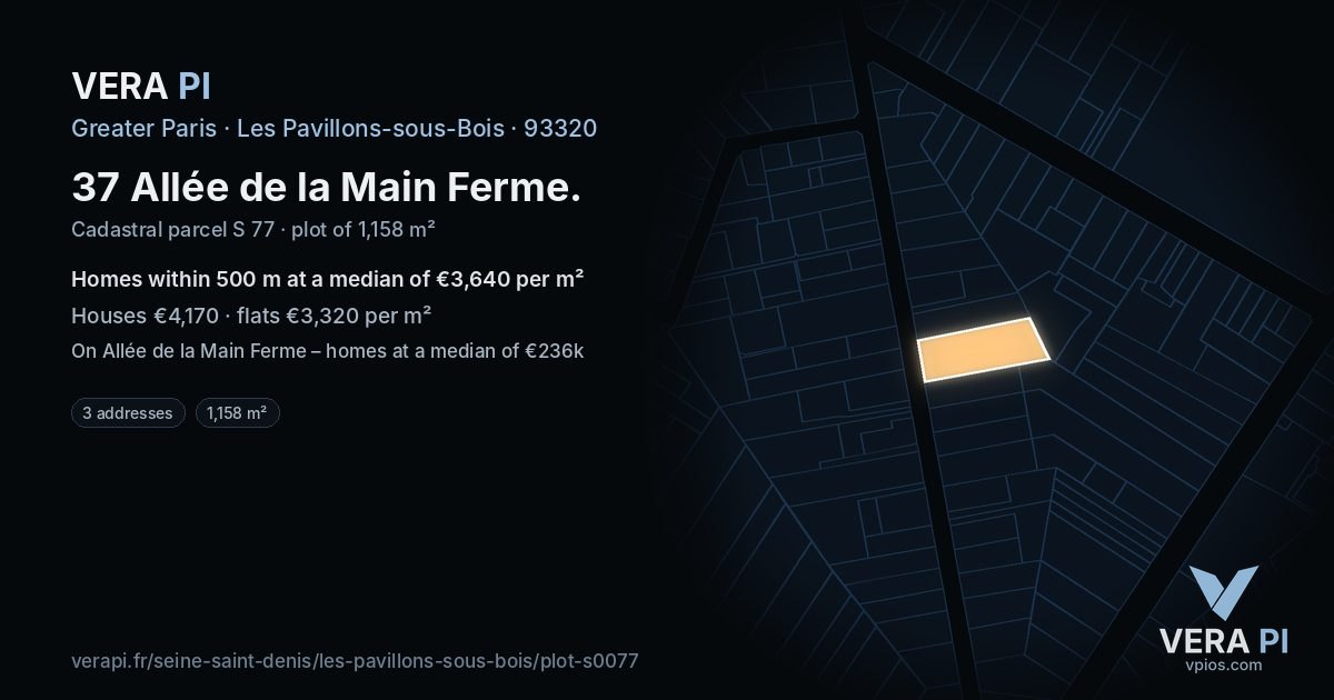 37 Allée de la Main Ferme, Les Pavillons-sous-Bois at night – the plot lit, the parcels around coloured by the prices near them