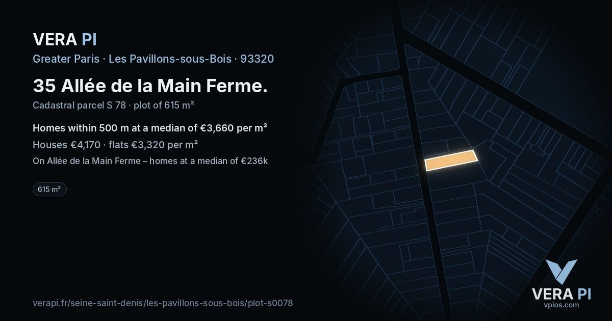 35 Allée de la Main Ferme, Les Pavillons-sous-Bois at night – the plot lit, the parcels around coloured by the prices near them