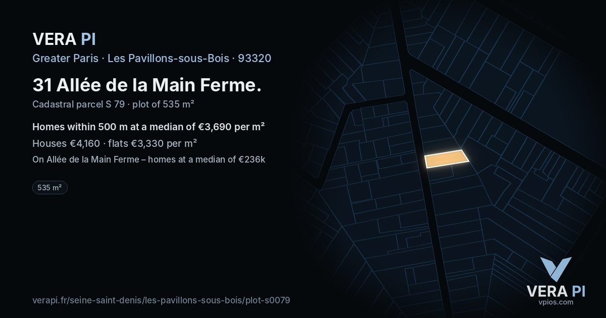 31 Allée de la Main Ferme, Les Pavillons-sous-Bois at night – the plot lit, the parcels around coloured by the prices near them