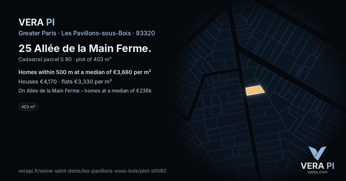 25 Allée de la Main Ferme, Les Pavillons-sous-Bois at night – the plot lit, the parcels around coloured by the prices near them