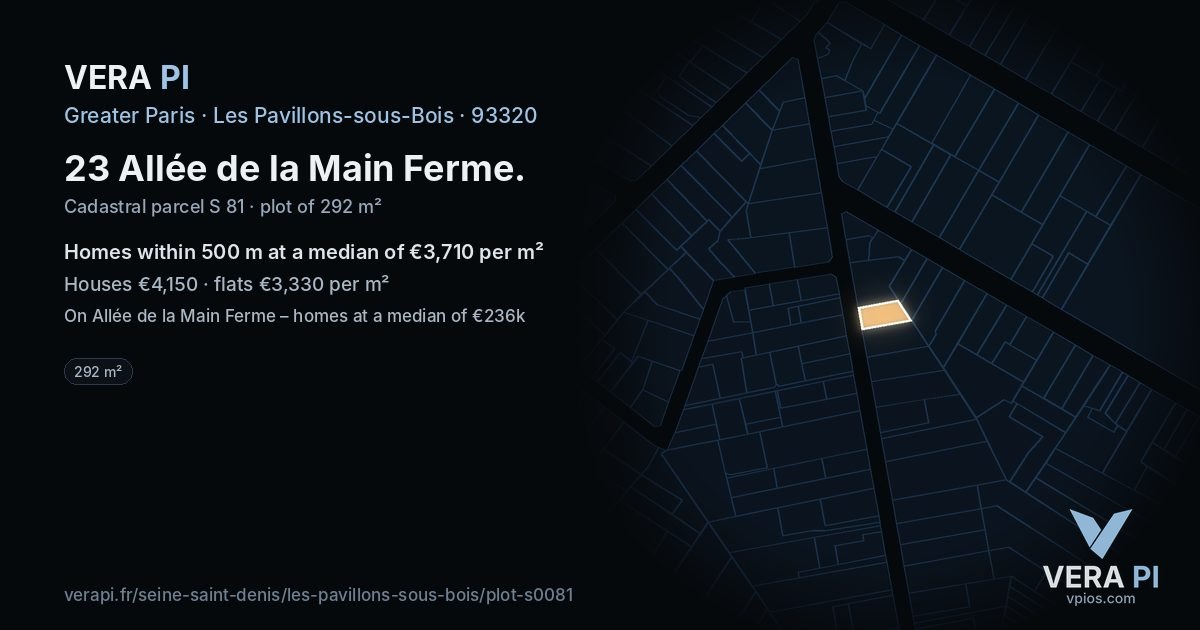 23 Allée de la Main Ferme, Les Pavillons-sous-Bois at night – the plot lit, the parcels around coloured by the prices near them