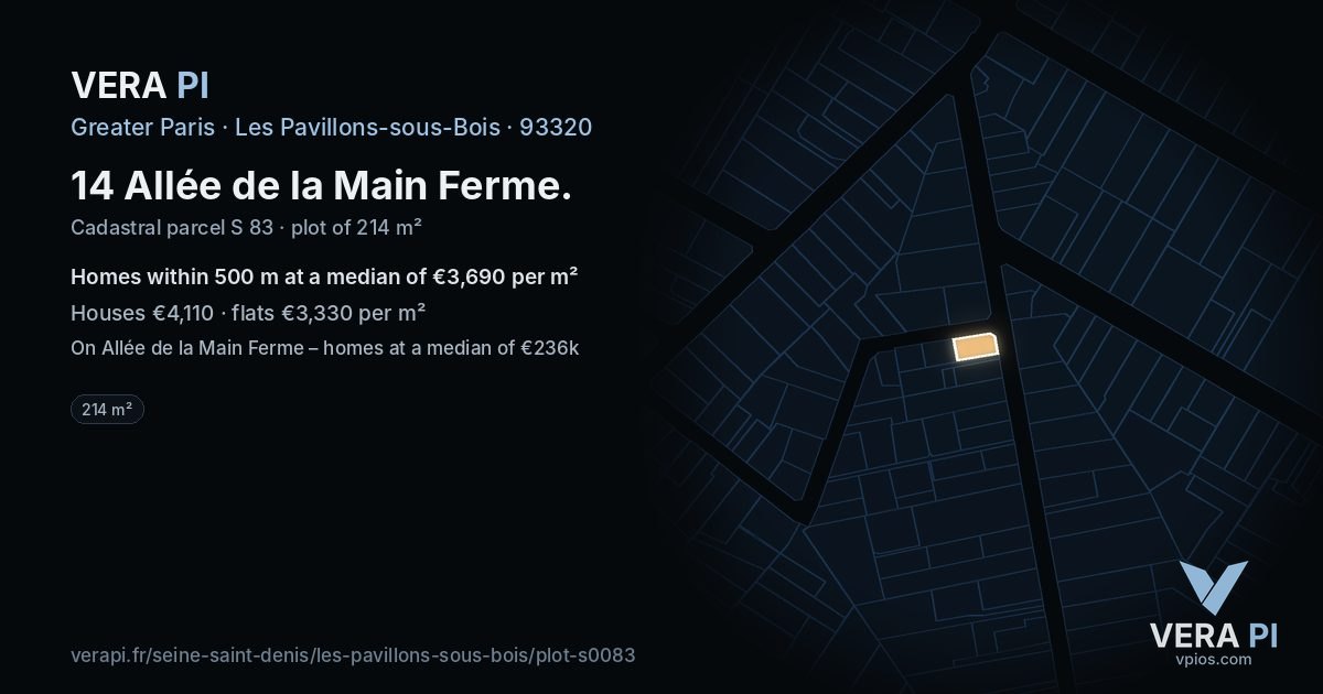 14 Allée de la Main Ferme, Les Pavillons-sous-Bois at night – the plot lit, the parcels around coloured by the prices near them