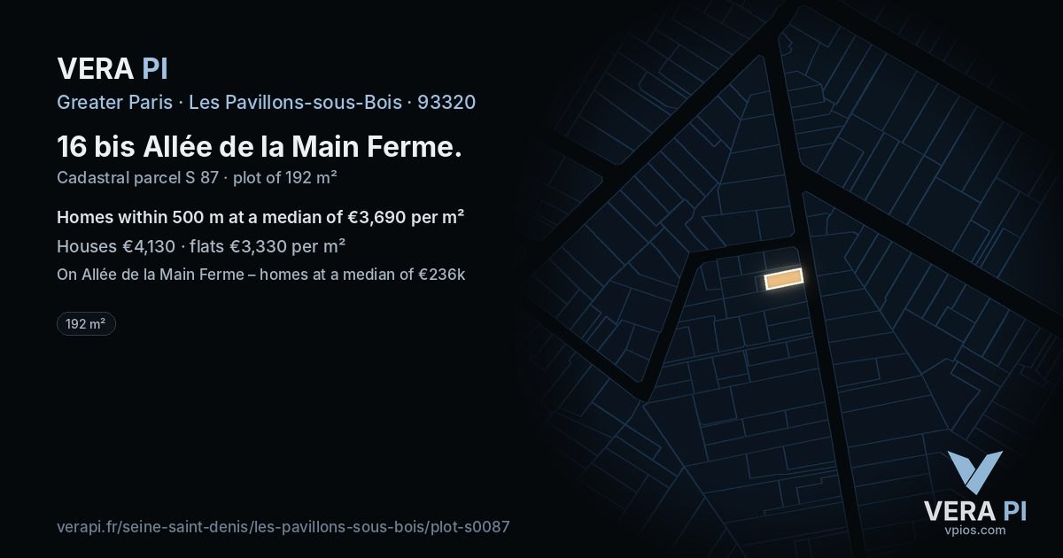 16 bis Allée de la Main Ferme, Les Pavillons-sous-Bois at night – the plot lit, the parcels around coloured by the prices near them