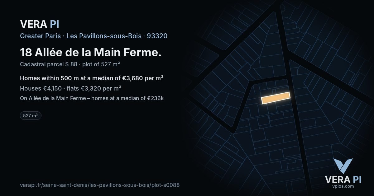 18 Allée de la Main Ferme, Les Pavillons-sous-Bois at night – the plot lit, the parcels around coloured by the prices near them