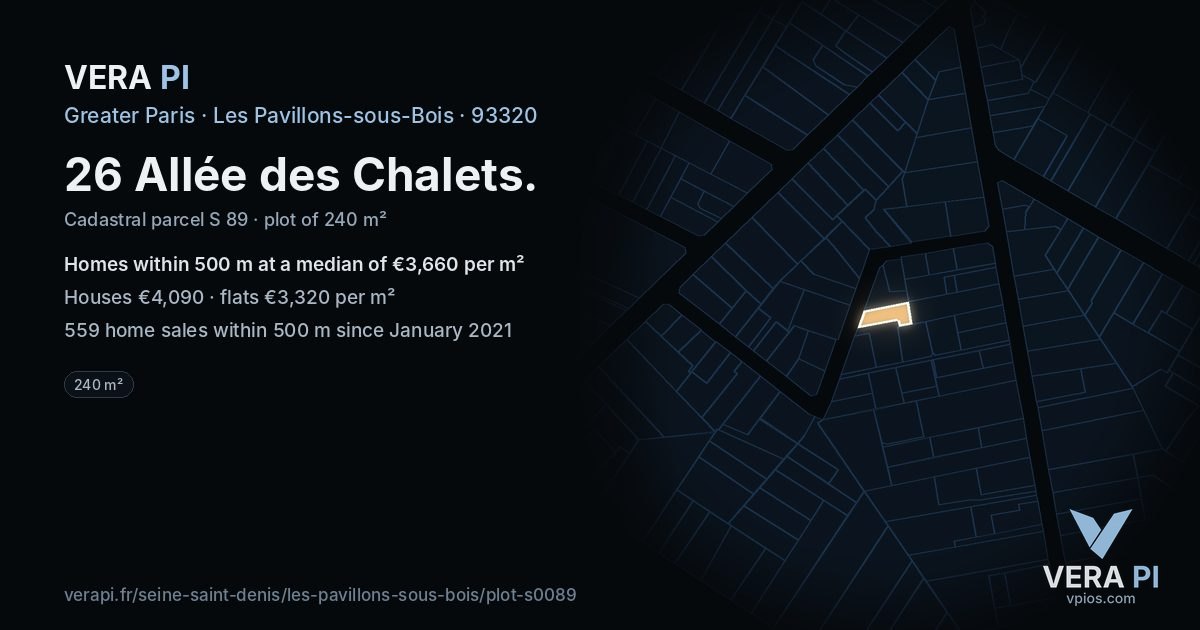 26 Allée des Chalets, Les Pavillons-sous-Bois at night – the plot lit, the parcels around coloured by the prices near them