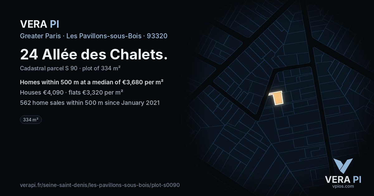 24 Allée des Chalets, Les Pavillons-sous-Bois at night – the plot lit, the parcels around coloured by the prices near them