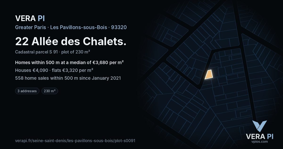 22 Allée des Chalets, Les Pavillons-sous-Bois at night – the plot lit, the parcels around coloured by the prices near them