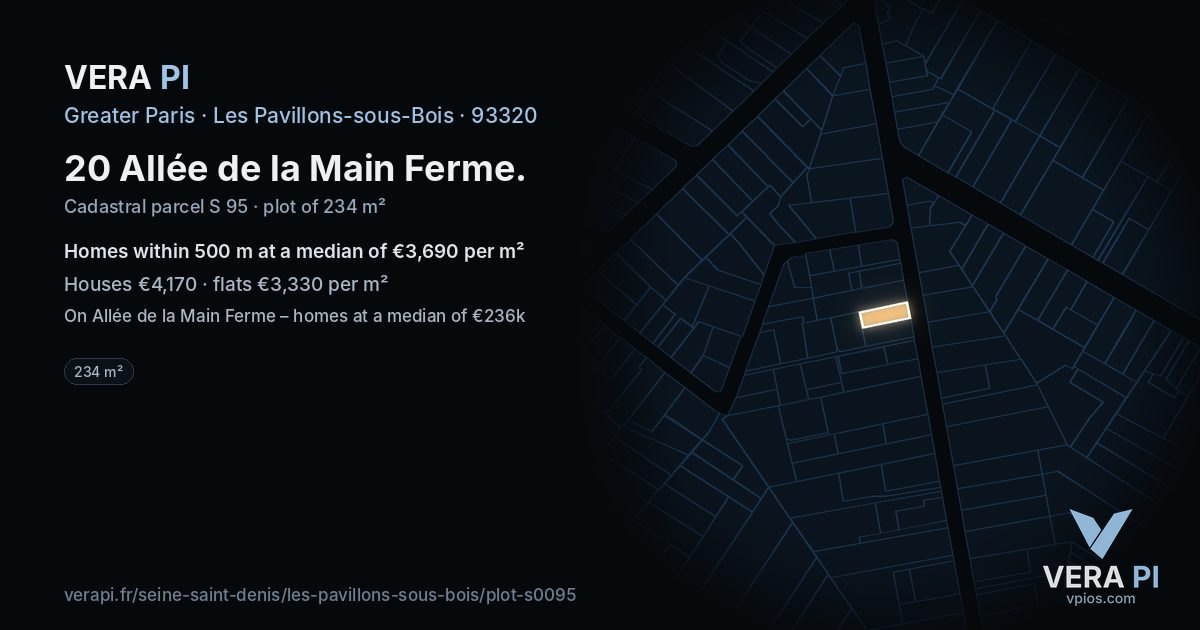 20 Allée de la Main Ferme, Les Pavillons-sous-Bois at night – the plot lit, the parcels around coloured by the prices near them