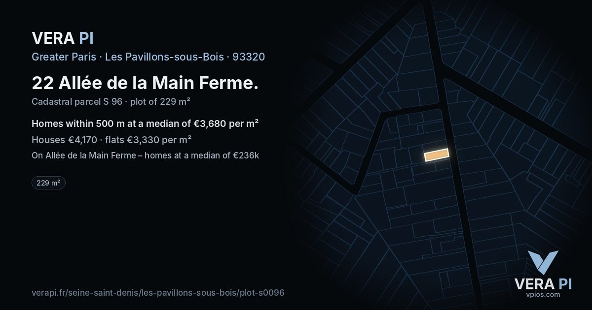 22 Allée de la Main Ferme, Les Pavillons-sous-Bois at night – the plot lit, the parcels around coloured by the prices near them