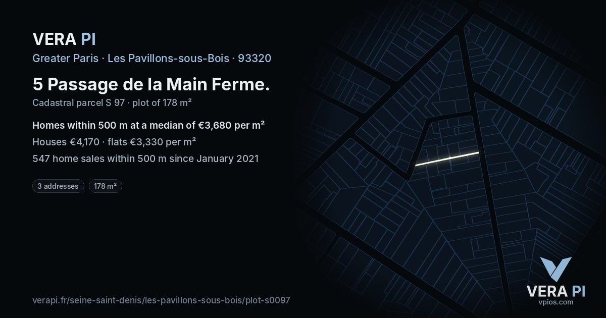 5 Passage de la Main Ferme, Les Pavillons-sous-Bois at night – the plot lit, the parcels around coloured by the prices near them
