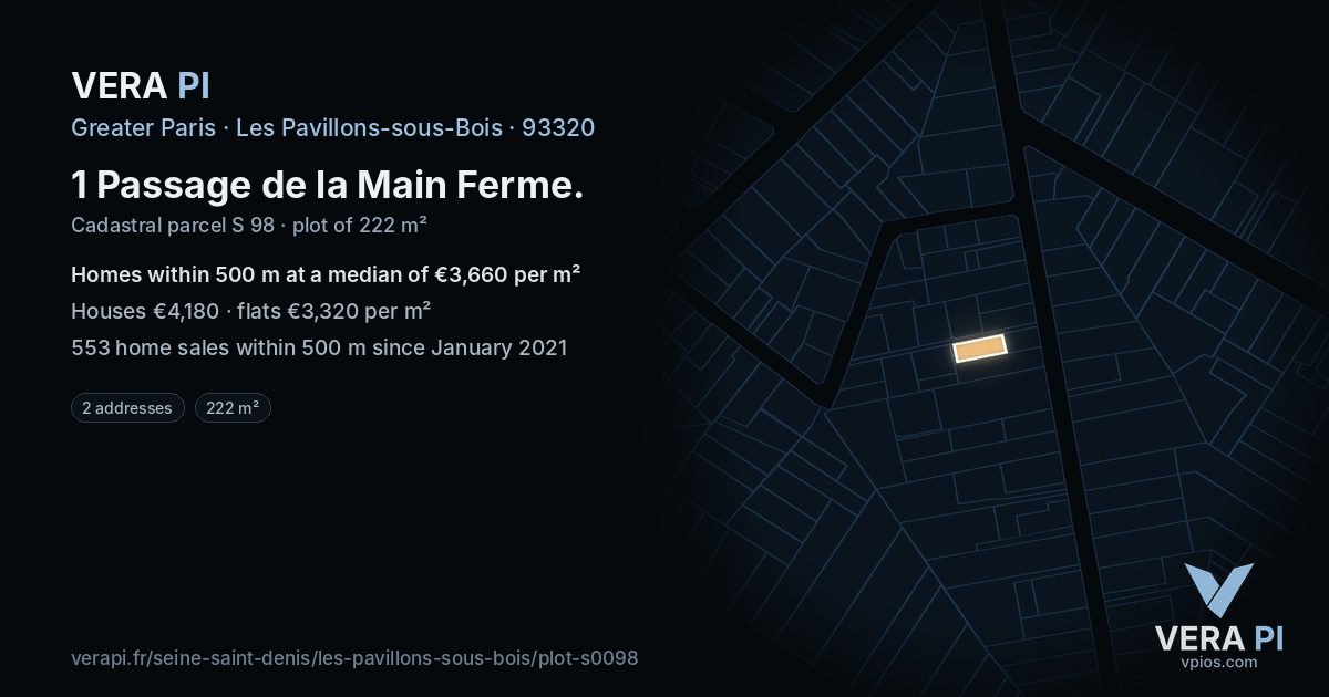 1 Passage de la Main Ferme, Les Pavillons-sous-Bois at night – the plot lit, the parcels around coloured by the prices near them