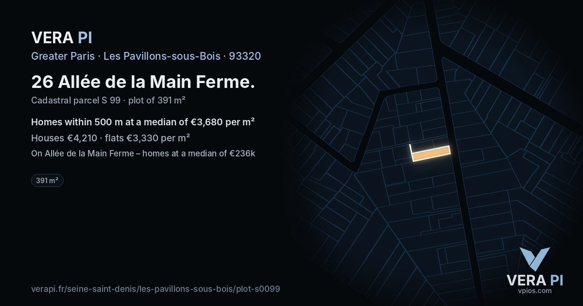 26 Allée de la Main Ferme, Les Pavillons-sous-Bois at night – the plot lit, the parcels around coloured by the prices near them