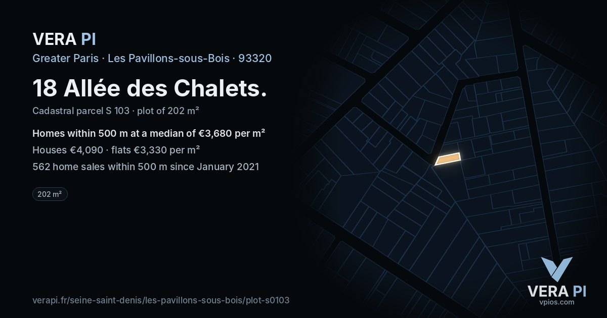 18 Allée des Chalets, Les Pavillons-sous-Bois at night – the plot lit, the parcels around coloured by the prices near them