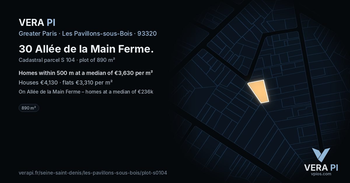 30 Allée de la Main Ferme, Les Pavillons-sous-Bois at night – the plot lit, the parcels around coloured by the prices near them
