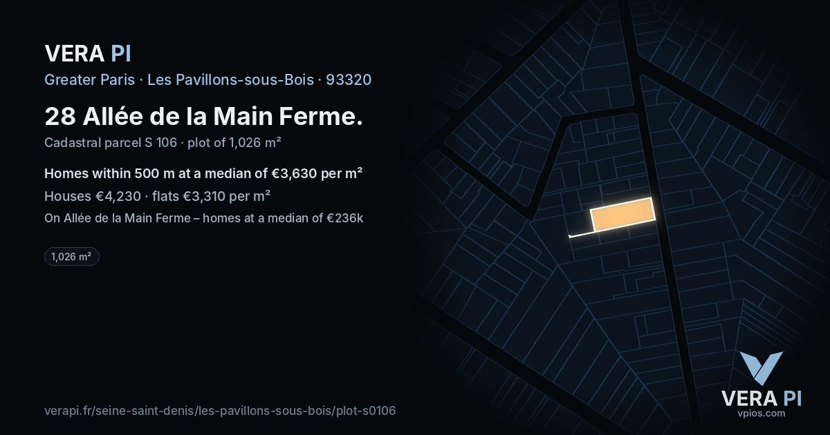 28 Allée de la Main Ferme, Les Pavillons-sous-Bois at night – the plot lit, the parcels around coloured by the prices near them