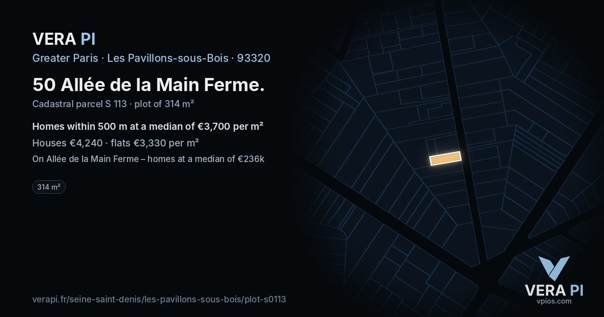 50 Allée de la Main Ferme, Les Pavillons-sous-Bois at night – the plot lit, the parcels around coloured by the prices near them
