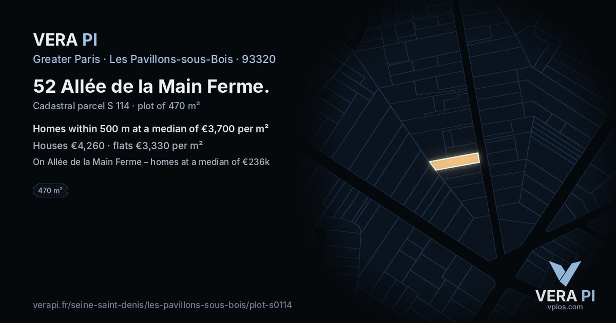 52 Allée de la Main Ferme, Les Pavillons-sous-Bois at night – the plot lit, the parcels around coloured by the prices near them