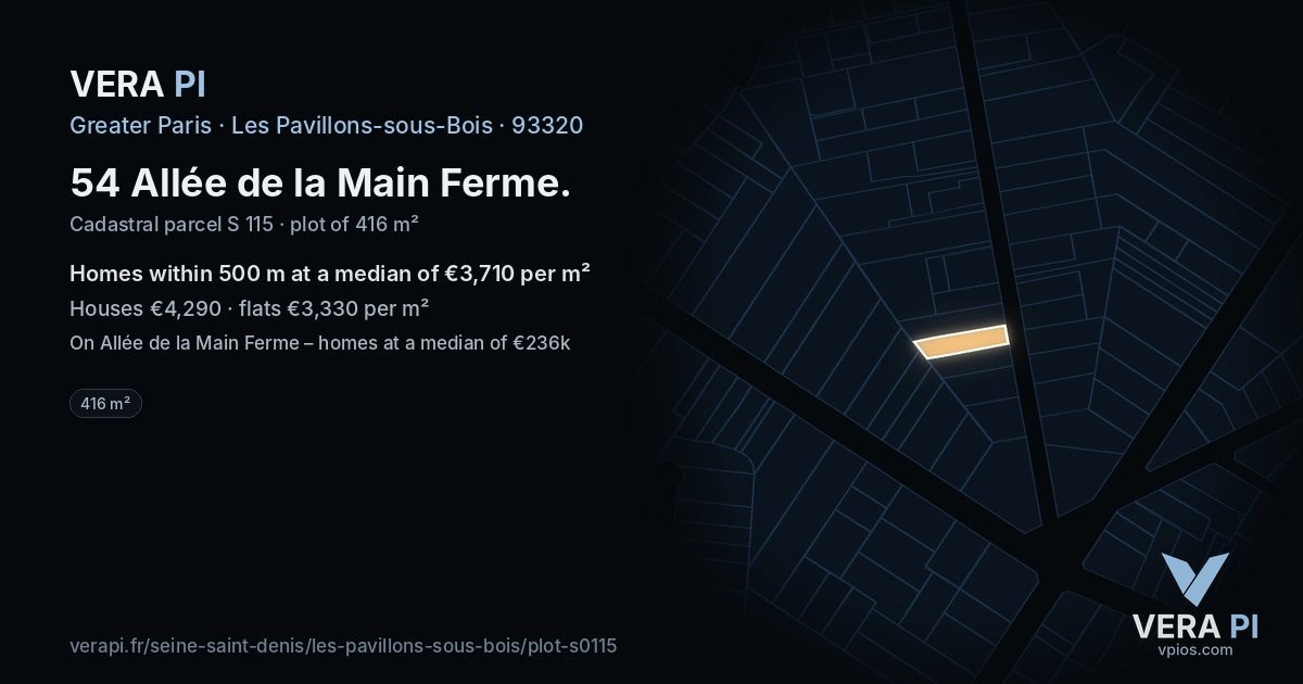 54 Allée de la Main Ferme, Les Pavillons-sous-Bois at night – the plot lit, the parcels around coloured by the prices near them