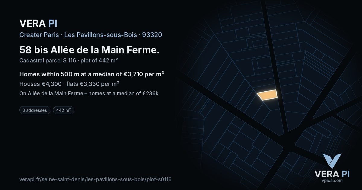 58 bis Allée de la Main Ferme, Les Pavillons-sous-Bois at night – the plot lit, the parcels around coloured by the prices near them