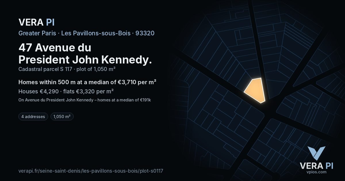 47 Avenue du President John Kennedy, Les Pavillons-sous-Bois at night – the plot lit, the parcels around coloured by the prices near them