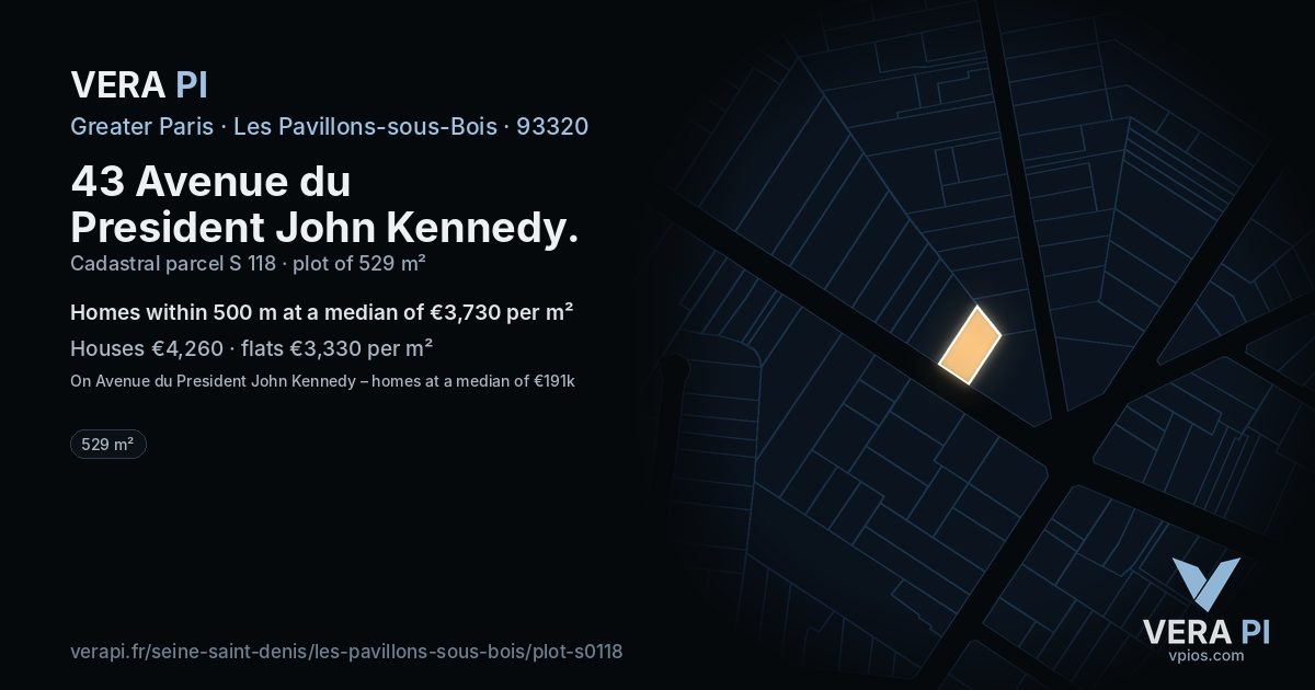 43 Avenue du President John Kennedy, Les Pavillons-sous-Bois at night – the plot lit, the parcels around coloured by the prices near them
