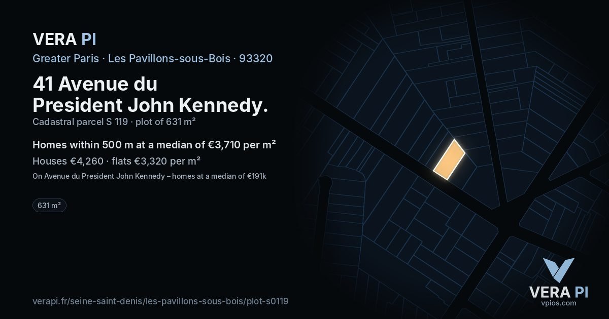 41 Avenue du President John Kennedy, Les Pavillons-sous-Bois at night – the plot lit, the parcels around coloured by the prices near them