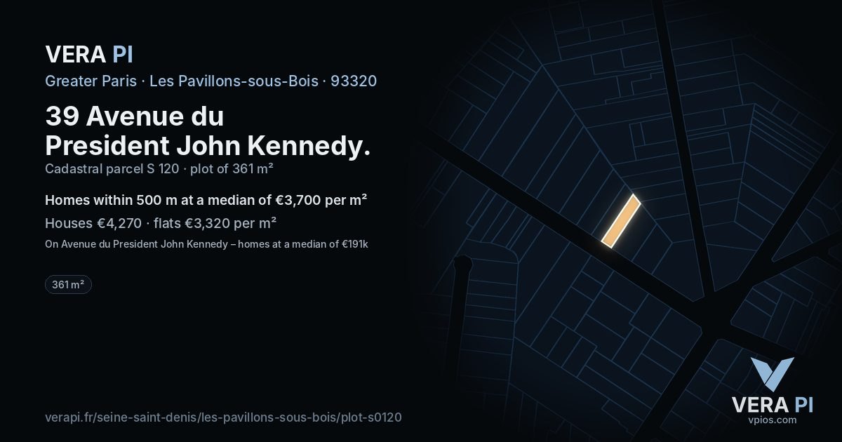 39 Avenue du President John Kennedy, Les Pavillons-sous-Bois at night – the plot lit, the parcels around coloured by the prices near them