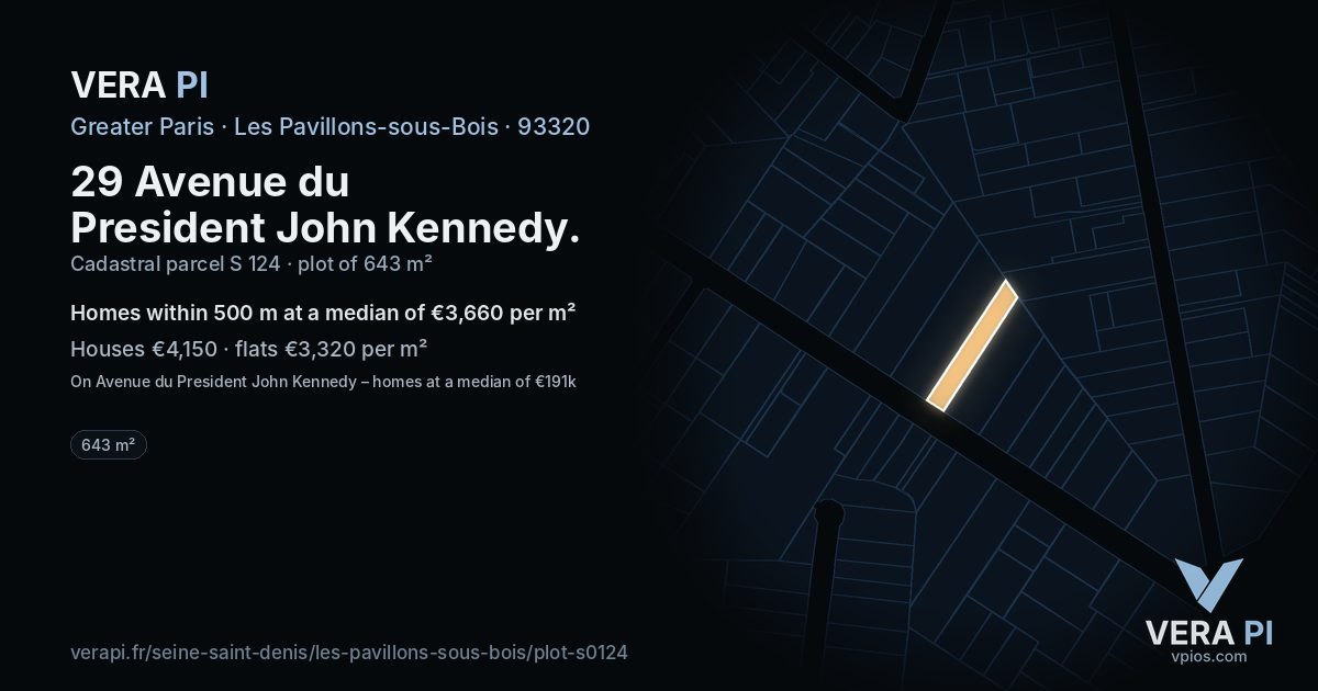 29 Avenue du President John Kennedy, Les Pavillons-sous-Bois at night – the plot lit, the parcels around coloured by the prices near them
