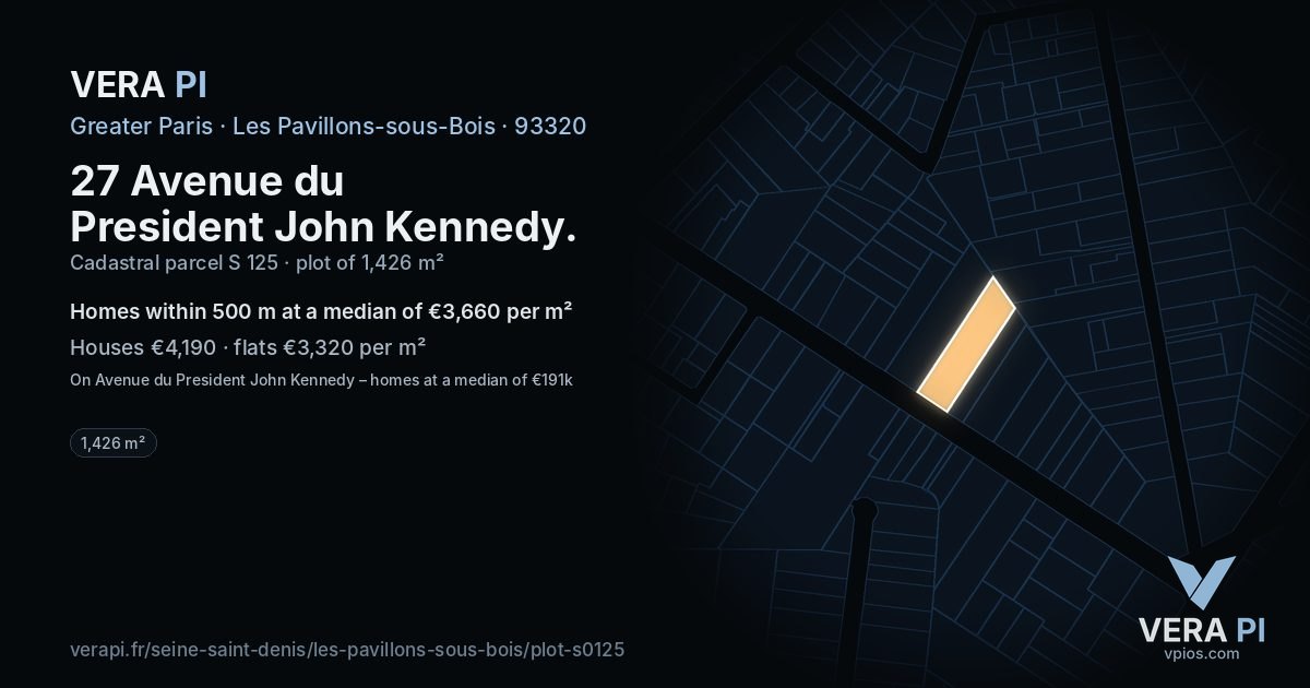 27 Avenue du President John Kennedy, Les Pavillons-sous-Bois at night – the plot lit, the parcels around coloured by the prices near them