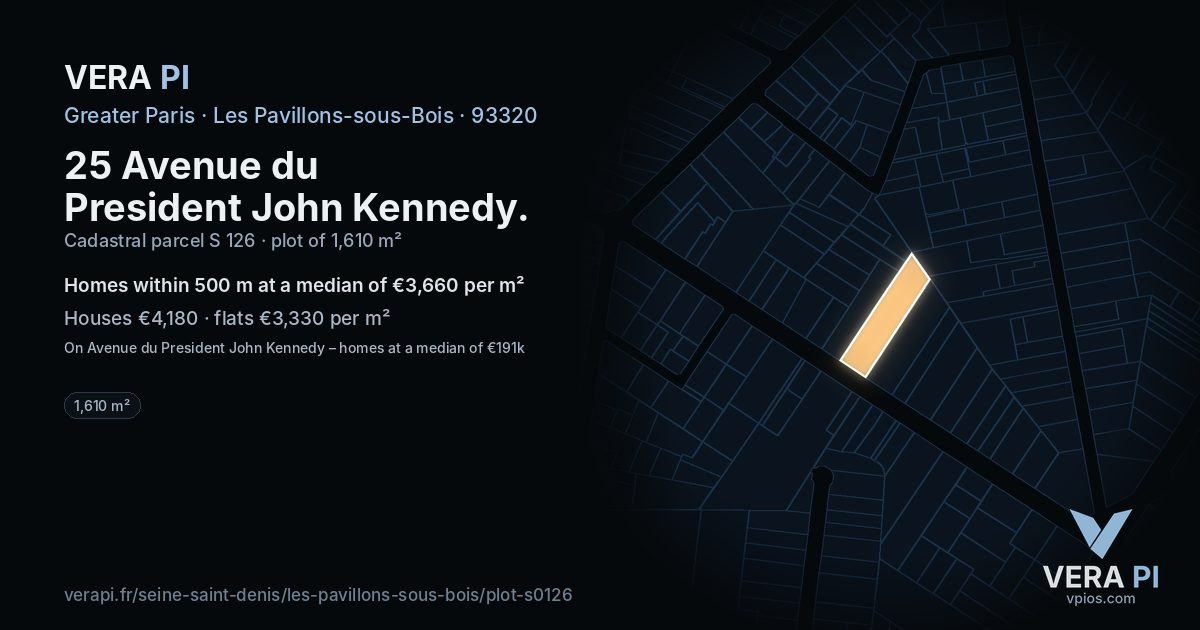 25 Avenue du President John Kennedy, Les Pavillons-sous-Bois at night – the plot lit, the parcels around coloured by the prices near them