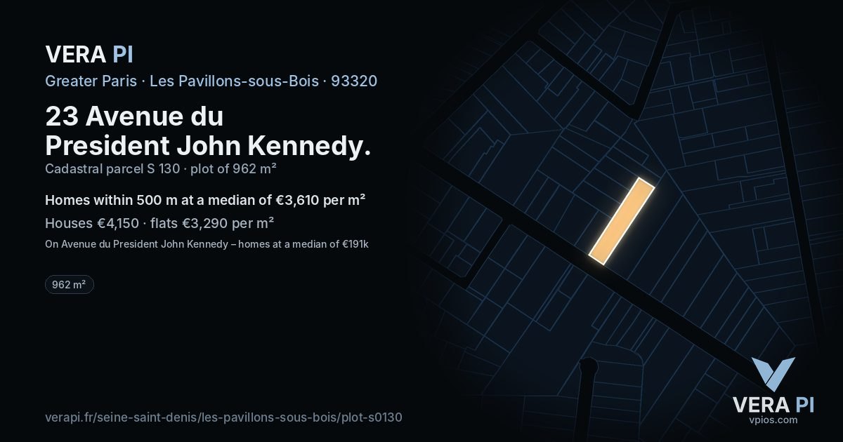 23 Avenue du President John Kennedy, Les Pavillons-sous-Bois at night – the plot lit, the parcels around coloured by the prices near them