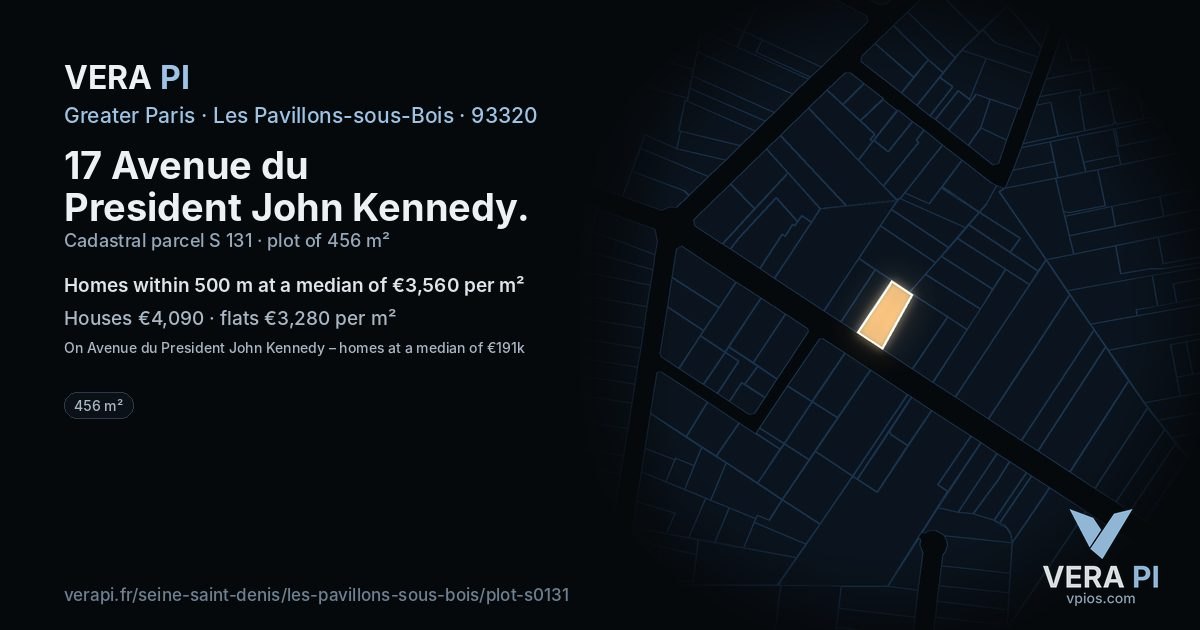 17 Avenue du President John Kennedy, Les Pavillons-sous-Bois at night – the plot lit, the parcels around coloured by the prices near them