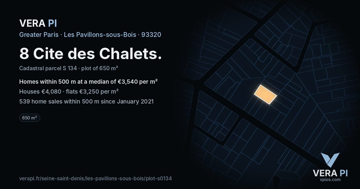 8 Cite des Chalets, Les Pavillons-sous-Bois at night – the plot lit, the parcels around coloured by the prices near them