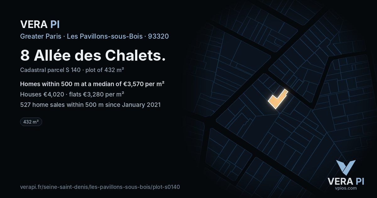8 Allée des Chalets, Les Pavillons-sous-Bois at night – the plot lit, the parcels around coloured by the prices near them