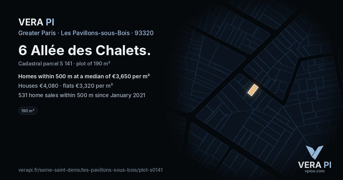 6 Allée des Chalets, Les Pavillons-sous-Bois at night – the plot lit, the parcels around coloured by the prices near them