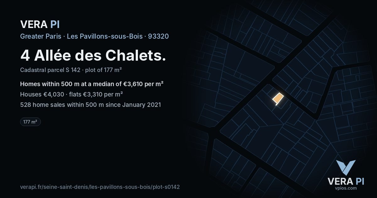 4 Allée des Chalets, Les Pavillons-sous-Bois at night – the plot lit, the parcels around coloured by the prices near them