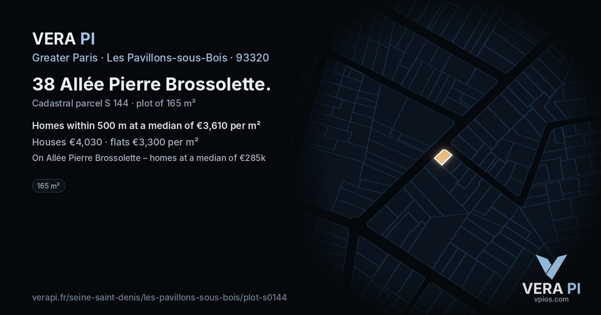 38 Allée Pierre Brossolette, Les Pavillons-sous-Bois at night – the plot lit, the parcels around coloured by the prices near them
