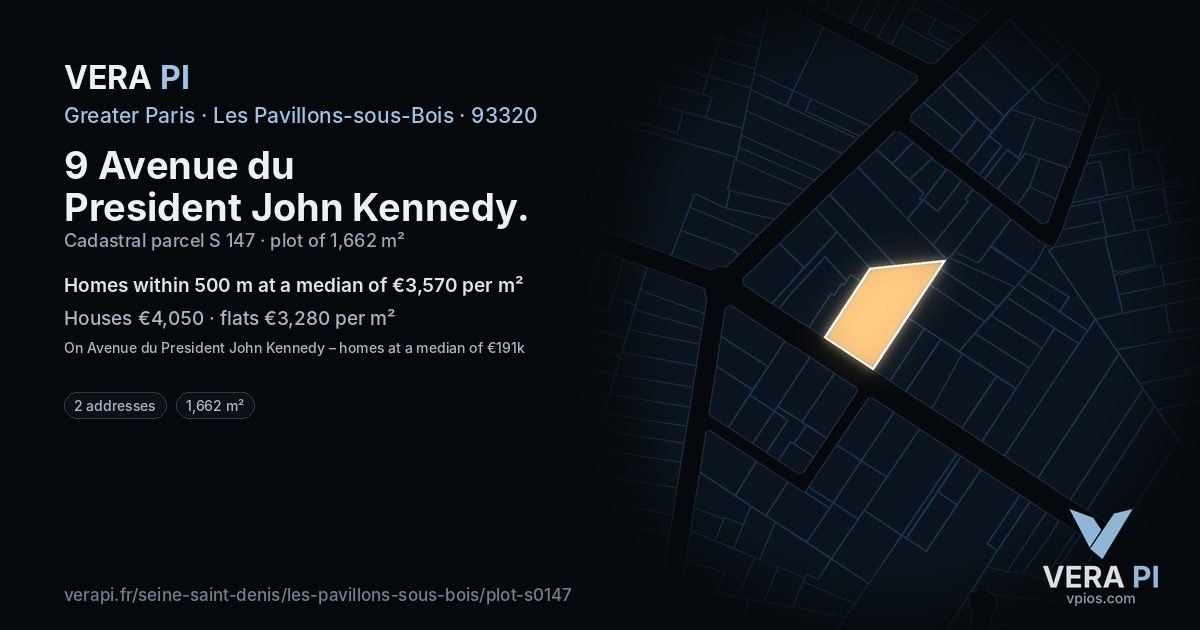 9 Avenue du President John Kennedy, Les Pavillons-sous-Bois at night – the plot lit, the parcels around coloured by the prices near them
