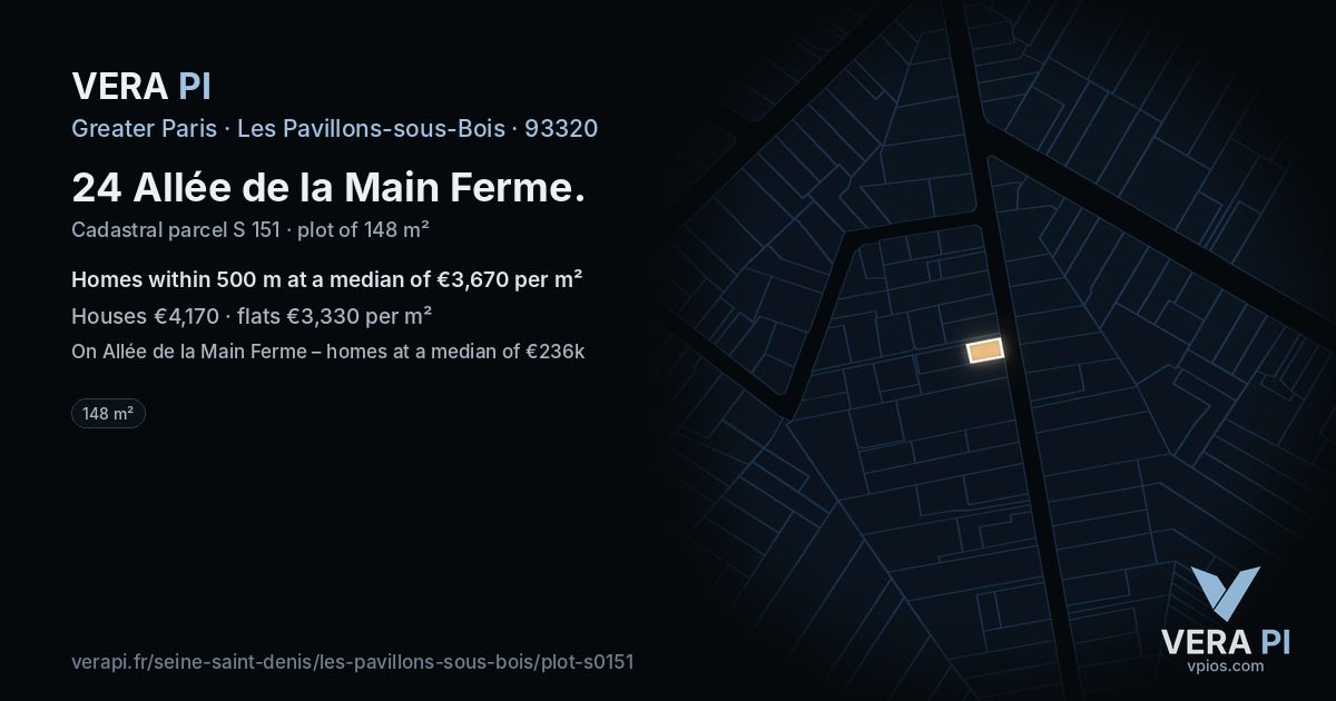 24 Allée de la Main Ferme, Les Pavillons-sous-Bois at night – the plot lit, the parcels around coloured by the prices near them