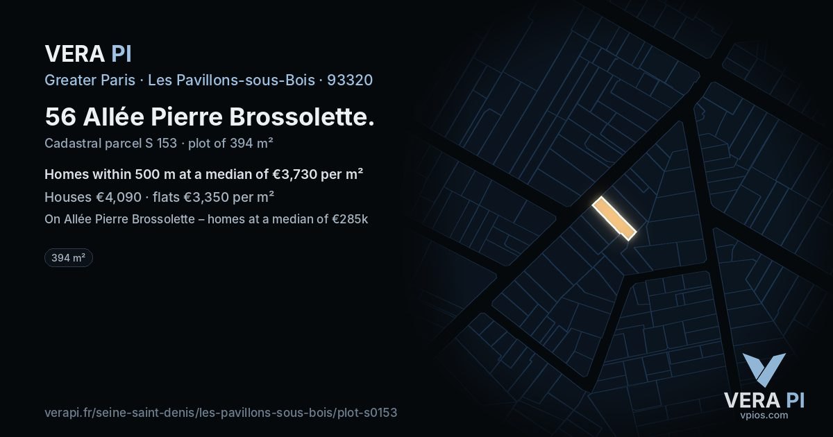 56 Allée Pierre Brossolette, Les Pavillons-sous-Bois at night – the plot lit, the parcels around coloured by the prices near them